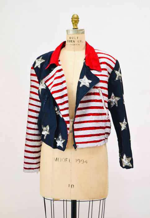 90s Vintage Sequin Jacket American Flag USA Large Modi// Vintage Sequin Moto Jacket Stars Stripes USA America Olympics Star Sequin Jacket