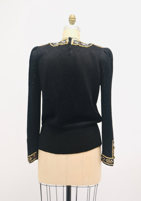 80s 90s Glam Vintage Black Gold Beaded Sequin Sweater Small Medium By Elizabeth New York Black Gold Metallic Beaded Sequin Pull Over Jumper