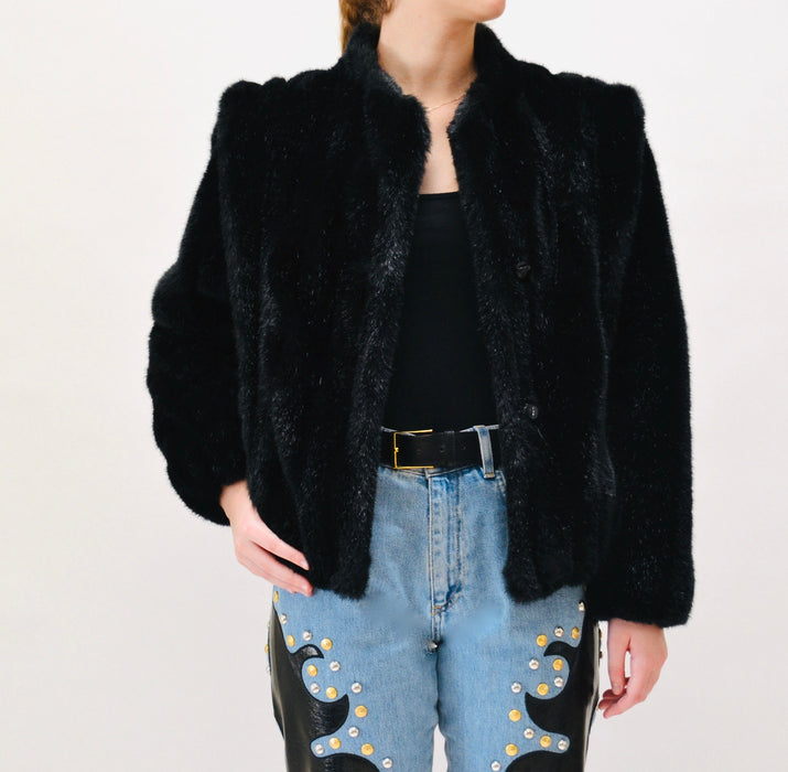 80s Vintage Faux Fur Black jacket Coat 80s 90s Black Cropped Faux fur Jacket Coat XS Small 80s 90s Glam Black Fur Party Jacket Black
