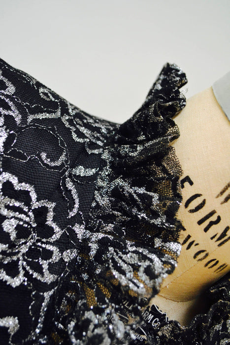80s Vintage Black Silver Metallic Lace Jacket Blazer Suit by Carolina Herrera Studio Medium Large// 80s Black Lace Jacket Suit Ruffle Jacket