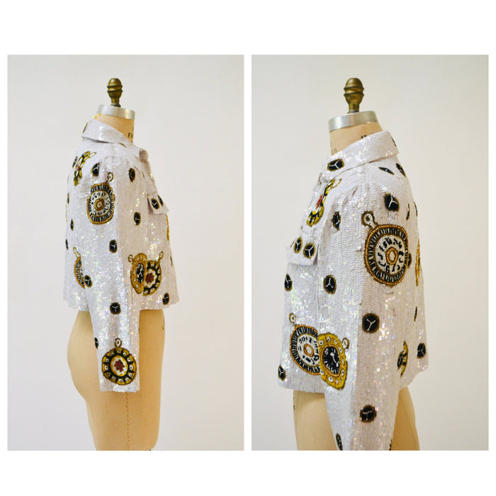 80s 90s Vintage White Sequin Jacket// Vintage White Sequin Boat Party Jacket Stars Nautical Talk of the Walk Casino French Collizioni Modi