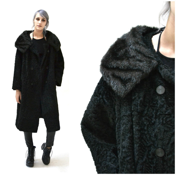 50s 60s Vintage Black Faux Fur Coat Jacket Size Large// Vintage Black Vegan Fur Coat Jacket Size Large Persian Lamb Aline 60s Faux Fur Coat