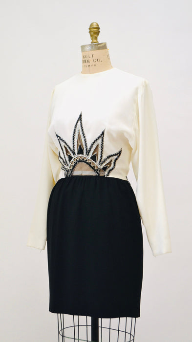 80s 90s Vintage Bob Mackie off White Cocktail Party Dress Beaded Sequin Dress Vintage Long Sleeve Cream Wedding Party Dress Small Cher Dress