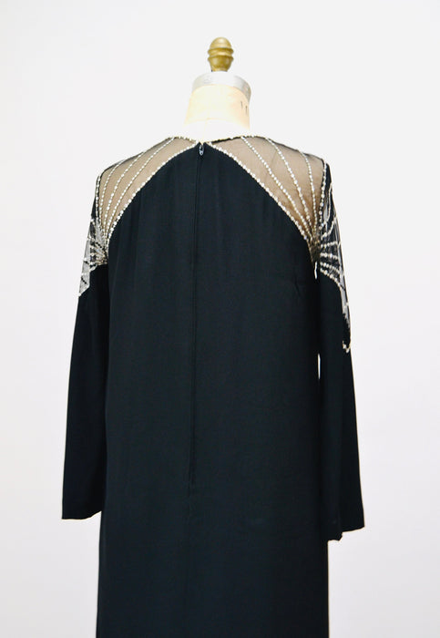 70s 80s Vintage Black Rhinestone BOB MACKIE Dress Medium Large // Vintage Black Illusion Dress// Metallic Rhinestone Party Cocktail Dress