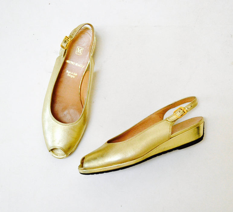Vintage Gold Metallic Leather Sandals Slip on Heels Shoes 6 1/2 Bruno Magli Made in Italy// Gold Leather Peep toe Sling Backs Wedge 6 1/2