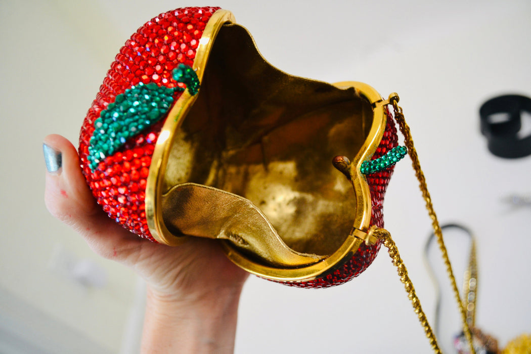 90s Vintage Red Metal Crystal Evening Bag Swarovski Crystal Snow White's Red Apple Minaudiere Evening Bag K Baumann Snow White's apple purse