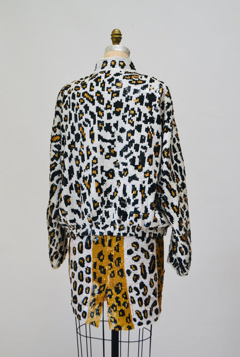 80s 90s Vintage Sequin Jacket Skirt Medium Leopard Cheetah Animal Pattern// 90s Glam Metallic Sequin Jacket Skirt Set Modi Sequin