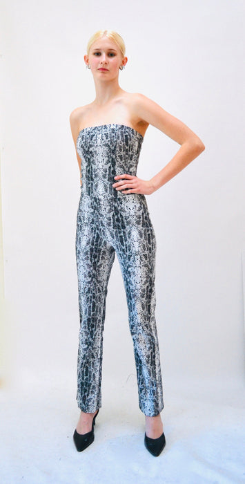 2000s Y2K Snake Print Black Jumpsuit Strapless Club Jumpsuit Black White Stretch// 00s Vintage Black Jumpsuit Pantsuit XXS XS Club Party