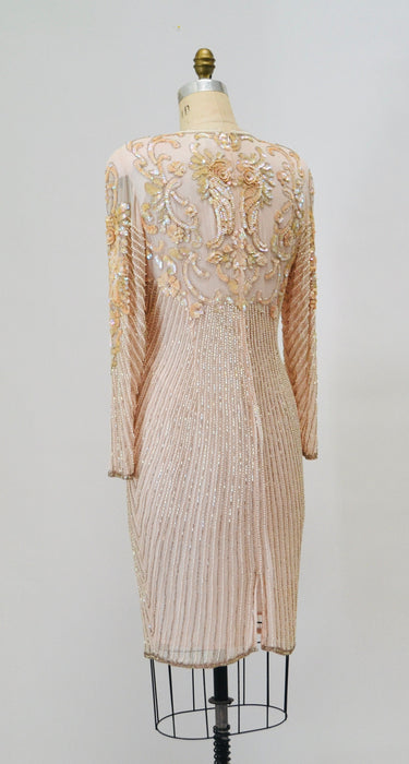 80s 90s Vintage Pink Peach Beaded Sequin Dress Small Medium // 80s 90s Glam Vintage Metallic Sequin Pink Cocktail Wedding Party Dress