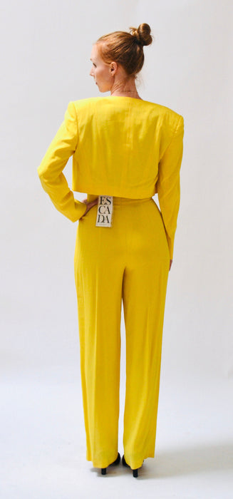 90s Vintage Yellow Suit By ESCADA Medium Yellow Cropped Bolero Jacket and High waisted Pants // Vintage 80s 90s Yellow Pantsuit Suit Medium