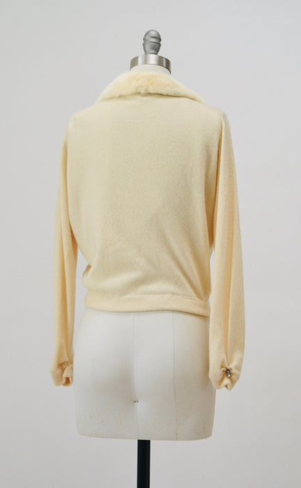 50s Vintage Cream Mink Fur Collar Beaded Cardigan Sweater Rhinestone Buttons Small Medium Vintage Wedding Fur Collared Cashmere Cardigan
