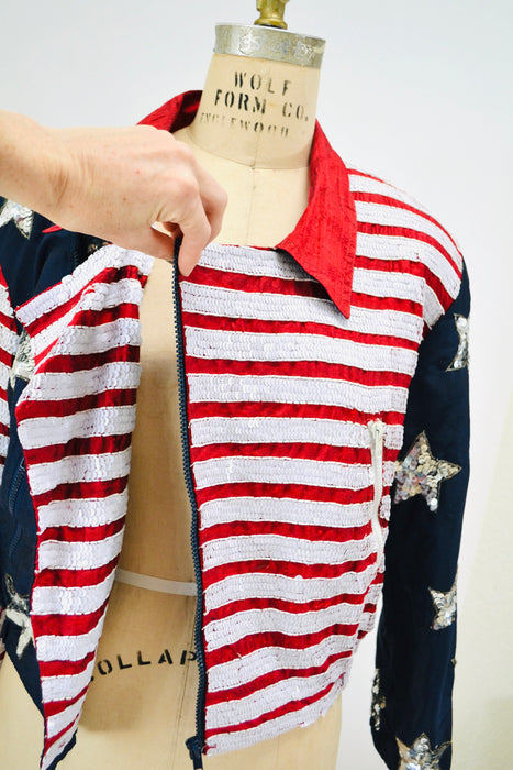 90s Vintage Sequin Jacket American Flag USA Large Modi// Vintage Sequin Moto Jacket Stars Stripes USA America Olympics Star Sequin Jacket