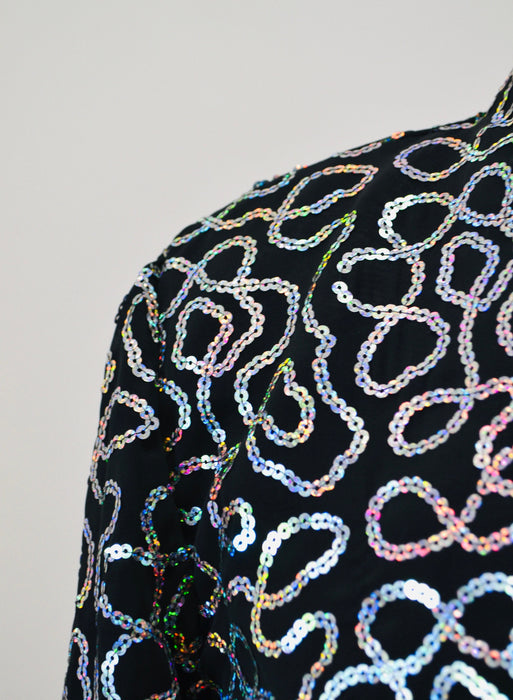 80s 90s Vintage Black Sequin Jacket Metallic Hologram Sequin Jacket XS Small// Black Cropped Sequin Bolero Silver Hologram Sequin jacket