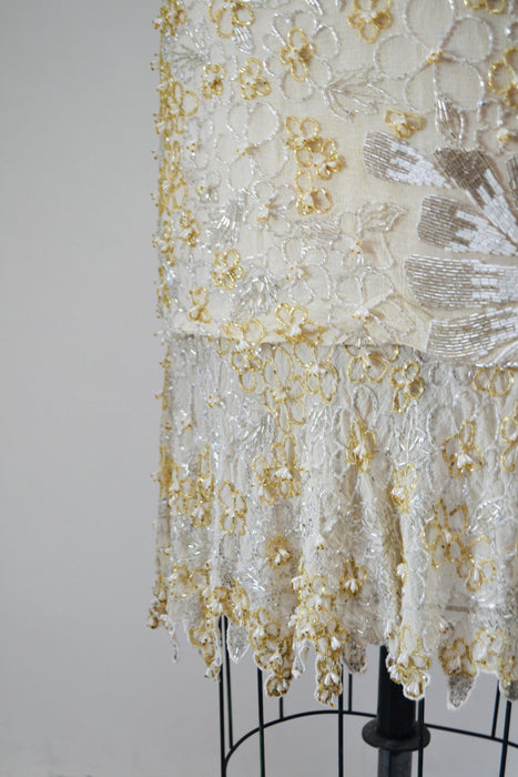 80s 90s Vintage White Beaded Party Dress Dress Small // Vintage Cocktail Wedding Dress White Beaded Flapper White Beaded Party Dress