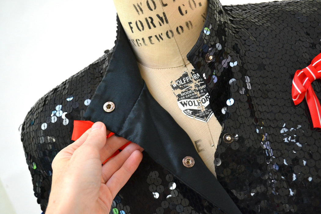 Vintage Black Sequin Jacket With Bows Ribbons 80s 90s Pop art Sequin Jacket Red Blue White Green Metallic Sequin Jacket Medium