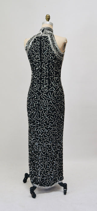 90s 00s Black Prom Party Dress Black Silver Metallic Sequin Dress Evening Gown Small Medium Halter Black Beaded Dress Beauty Pageant dress