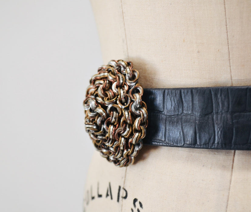 70s Chainmail Belt buckle Large silver Bronze Belt Buckle Vintage 70s Belt with Metal Belt Buckle Vintage Boho Wedding Wide Belt