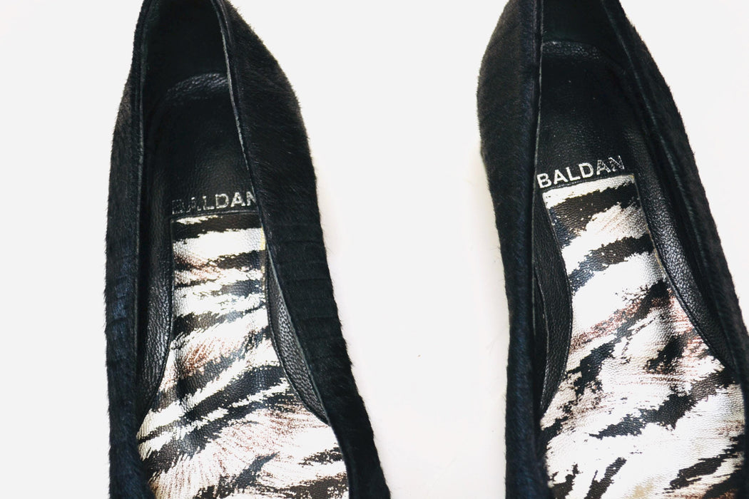 Vintage 90s Black Pony Hair Pumps Black High Heels Size 37 7 Square Toe Vintage Black Low Heel Fur Pony Hair Heels Loafers Shoes Baldan