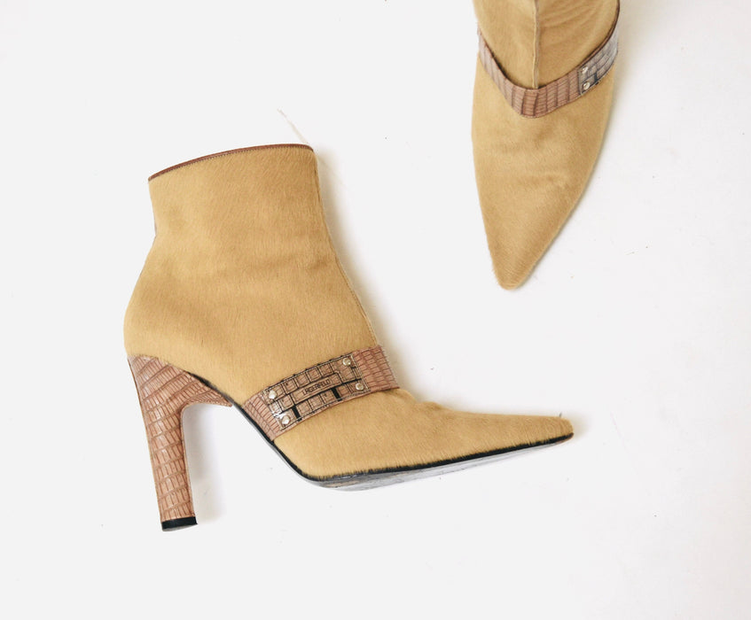 Vintage 90s 00s Pony Hair Leather High Heel Booties 6 1/2 7 By Lagerfeld// Pony Hair high heel Cropped Boots 6 1/2 Camel Tan Made in France