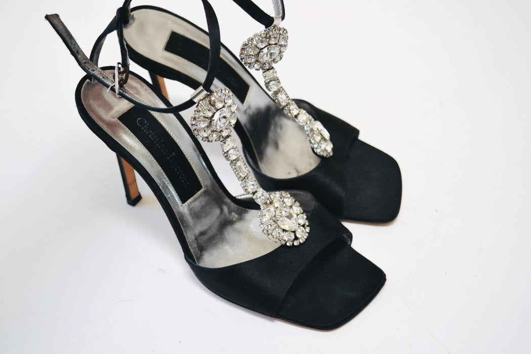 Vintage 00s Black Rhinestone High Heel Sandals Size 7 37 By Christian Lacroix 90s Rhinestone High Heel Sandals Strapy Wedding Shoes