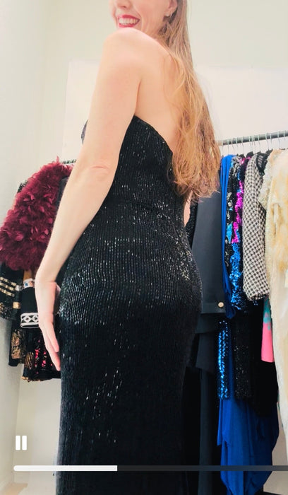 Vintage Bob Mackie 80s 90s Vintage Beaded Sequin Gown Dress By Bob Mackie Black Silver Strapless Black Beaded Gown Cher Dress Medium Large