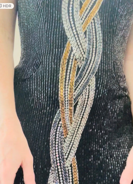 Vintage Bob Mackie 80s 90s Vintage Beaded Sequin Gown Dress By Bob Mackie Black Silver Strapless Black Beaded Gown Cher Dress Medium Large