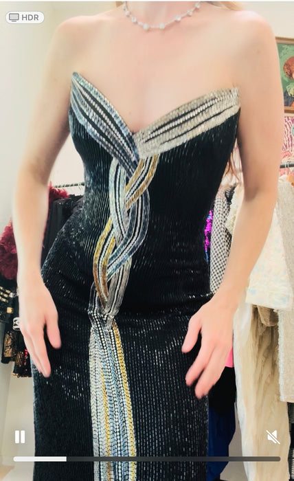 Vintage Bob Mackie 80s 90s Vintage Beaded Sequin Gown Dress By Bob Mackie Black Silver Strapless Black Beaded Gown Cher Dress Medium Large