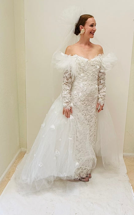 90s Vintage Bob Mackie White Lace Wedding Dress Diamond Collection Bob Mackie Tulle Veil Long Sleeve Conservative Wedding Gown Small Medium