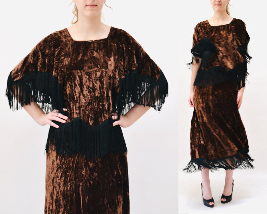 70s AMAZING Vintage Brown Crushed Velvet Fringe Top and Skirt By David Silverman Made in England Fringe 70s Festival Boho Top Skirt Dress