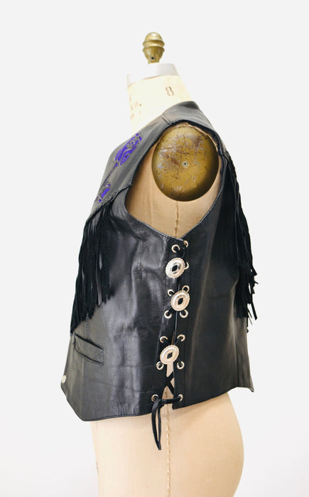 80s 90s Vintage Black Leather Fringe Vest Large PUprle Rose Fringe leather Vest Cowboy Cowgirl Rodeo Biker Festival Vest Large XL