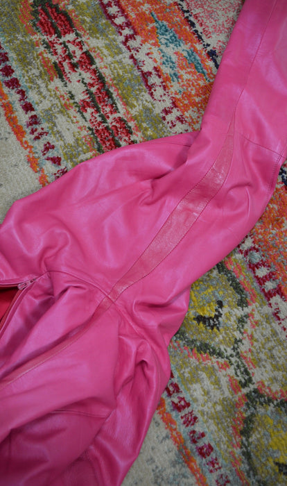 2000s Y2k Pink Leather Jumpsuit Cat Suit Pink Leather Lace up Sexy Jumpsuit By Michael Hoban North Beach Leather Size XS Small