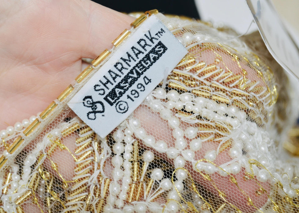 Vintage Gold Beaded Pearl Shawl Wrap Burlesque Wedding Flapper Gold Metallic Beaded Vintage Fringe Collar Shawl GOld White Pearl Sharmark