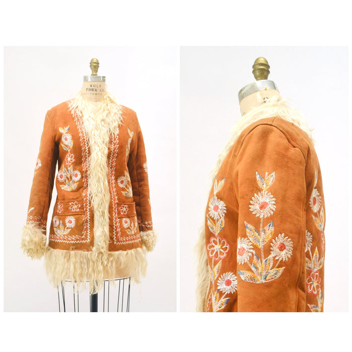 Vintage Embroidered Shearling Afghan Jacket Coat Small Medium//  70s Shearling Coat Embroidered Sheepskin Fur Boho Afghan Jacket