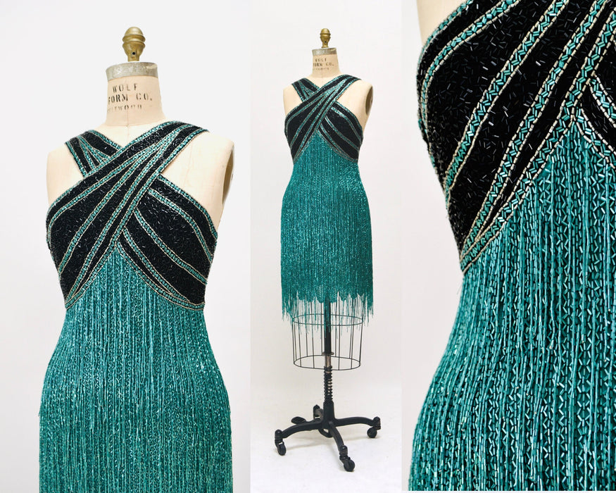 80s Vintage Bob Mackie Blue Green Beaded Fringe Dress Vintage Green Metallic Dress Small // Beaded Fringe Dress Flapper Inspired Cher Dress