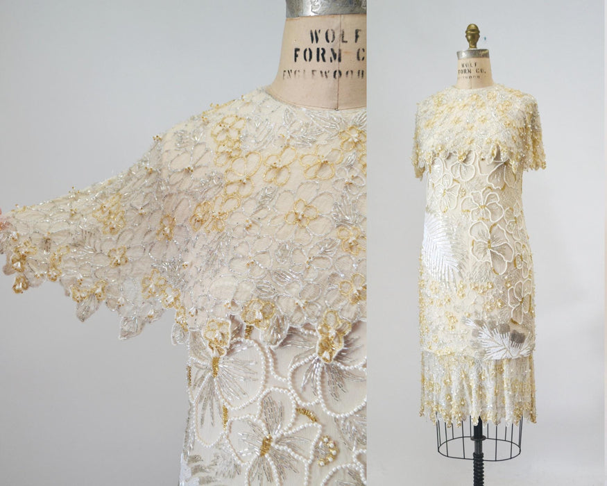 80s 90s Vintage White Beaded Party Dress Dress Small // Vintage Cocktail Wedding Dress White Beaded Flapper White Beaded Party Dress