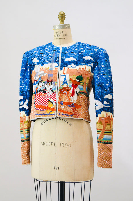90s Vintage Jeanette Kastenberg Platinum Sequin Jacket Looney Tunes Bugs Bunny Cartoon Sequin Paris France Venice Italy Beaded Jacket