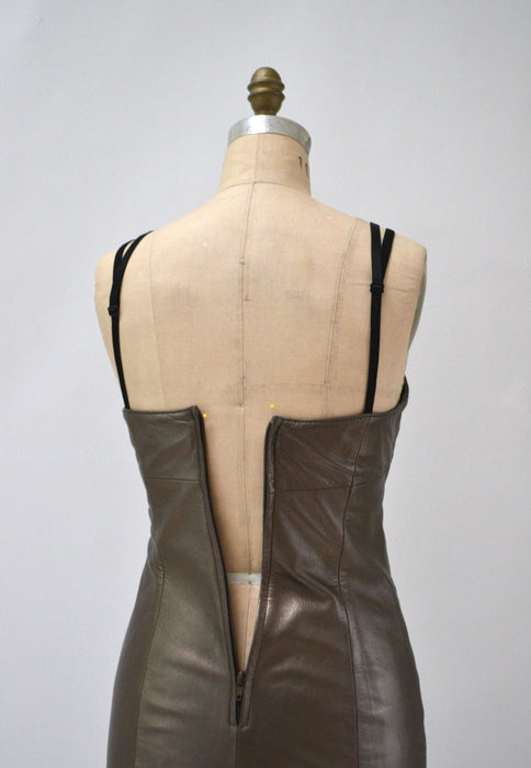 Stunning 90s 00s Y2K Metallic Bronze Leather Tank Dress Size XS Small// 90s Brown Tan Body Con Dress Leather Tank Dress Michael Hoban small