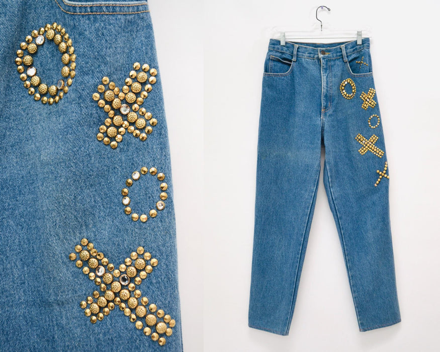 80s 90s Vintage Gold Studded Jeans Pants High Waisted Jeans Rhinestone XOXO love Gold Studded Denim Metallic jeans Small medium 4 6 8