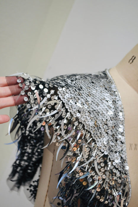 Vintage Silver Black Beaded Fringe Shawl Wrap Burlesque Wedding Flapper Silver Wedding Metallic Beaded Vintage Fringe Colla Shawl Sharmark