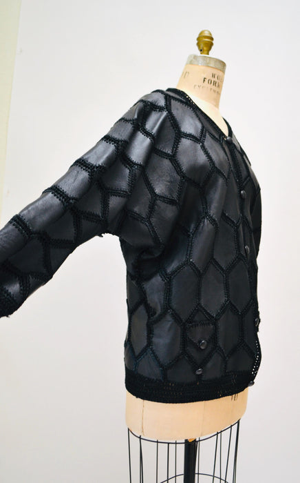 70s 80s Vintage Black Leather Jacket Patchwork Granny Square Leather Jacket Cardigan Sweater Small Medium Black Leather PatchWork Jacket