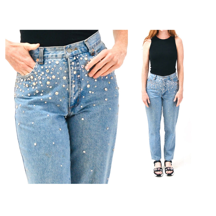 80s 90s Vintage Rhinestone Studded Jeans Pants Leslie Hamel High Waisted Jeans Rhinestone Denim Metallic Madonna jeans Small medium 4 6 8