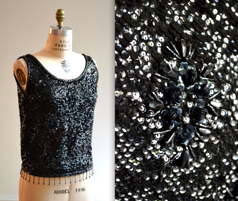 Vintage 60s Black Sequin Shirt Tank Top Shell Size Medium Large// Black Metallic Sequin Top Shirt Shell Size Large Beaded Fringe