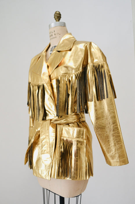 80s 90s Amazing Vintage Gold Fringe Leather Biker Jacket Gold Cowgirl Western Jacket Medium Large// Metallic Gold Leather Moto Jacket Rodeo