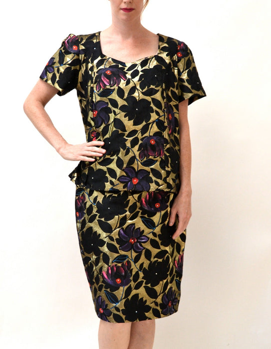 80s Vintage Metallic Gold Jacquard Skirt and Shirt Suit// Vintage Metallic Dress Gold black Large// Hand Painted Jacquard Skirt and Shirt