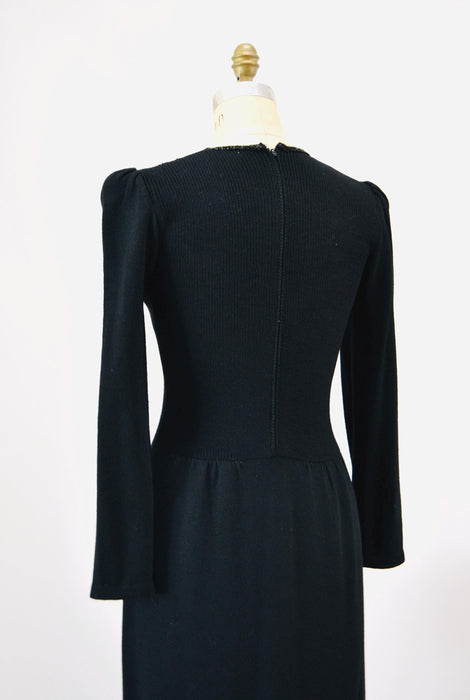 80s Vintage St John Dress Black Knit Dress By St John Beaded  Knit Long Sleeve Dress // 80s Black Sweater Knit Party Dress Small Medium