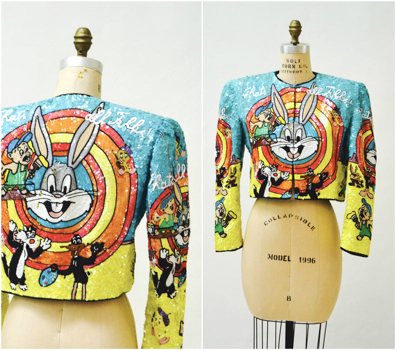 Vintage Jeanette Kastenberg Platinum Sequin Jacket Looney Tunes Bugs Bunny Warner Brothers Cartoon Comic Beaded Jacket Small