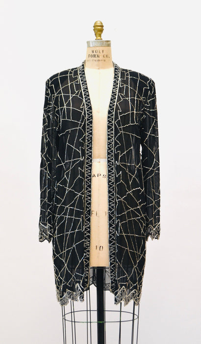 90s Vintage Black Beaded Silk Chiffon Duster Jacket Black Beaded Sheer Black Top Long Sleeves Beaded Beach Cover UP Fabrice Small Medium