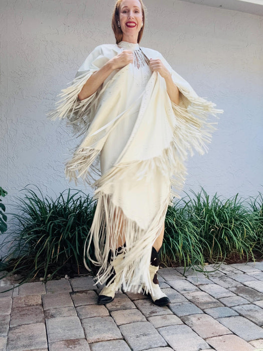 70s 80s Vintage White Leather Fringe Dress and Fringe Leather Cape 80s Country Music Western Wedding Cowgirl Dress by Mandana Medium