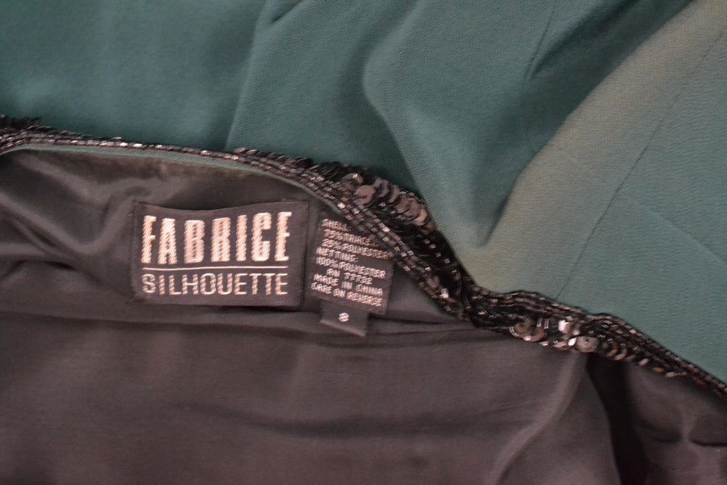 80s 90s Fabrice Vintage Green Black Beaded Party Dress Medium // Vintage 80s 90s Sequin Party Dress Crinoline Pleated Skirt Long Sleeves