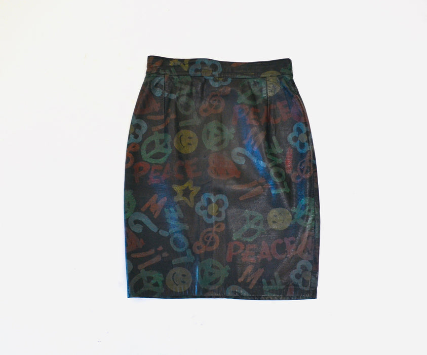 Vintage Moschino Leather Skirt Love peace Music smiley face XS Small Vintage Black Leather Skirt Painted Love Peace Music Moschino Pop art